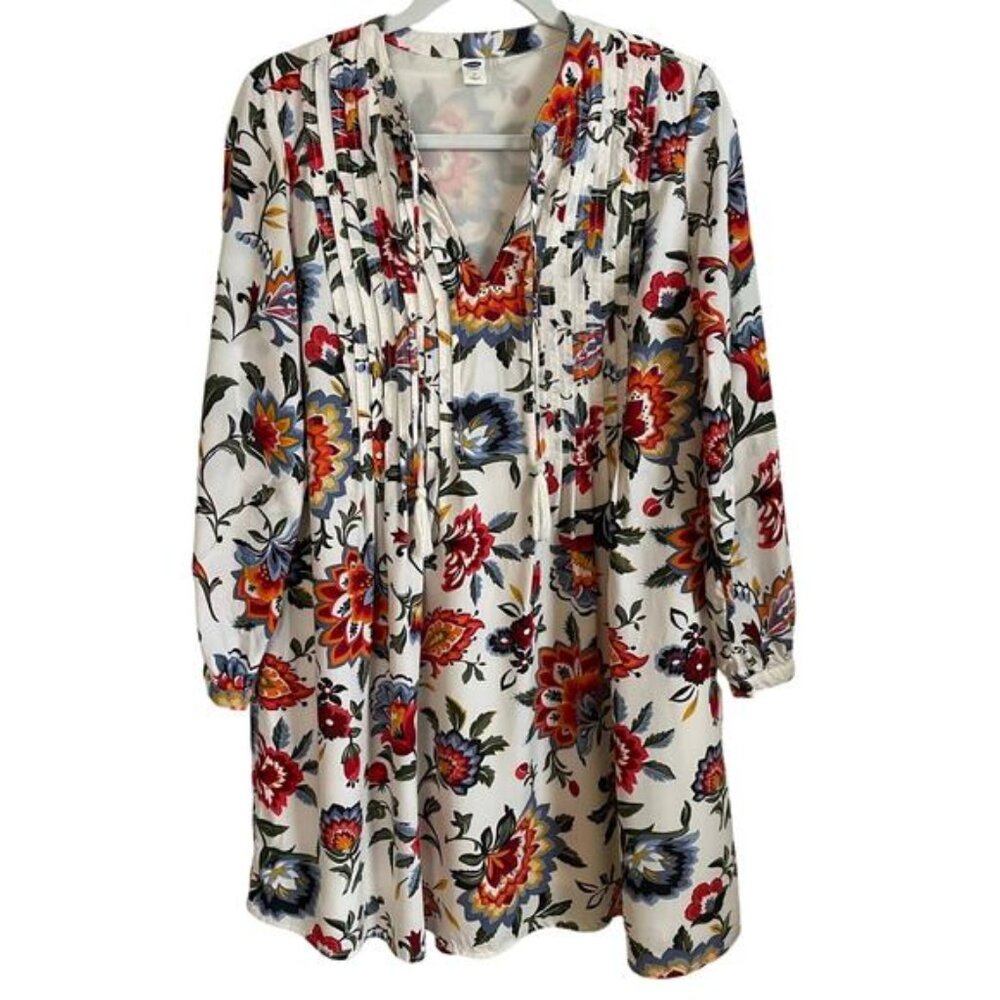 Old Navy Dress Mini Swing Floral Pintucks Tassels Sz M Long Sleeve Peasant Boho